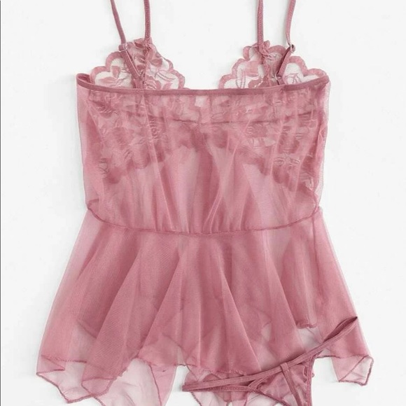 Sexy Babydoll Lace Asymmetrical Mesh Slip With Thong Lingerie Set. - Picture 2 of 7